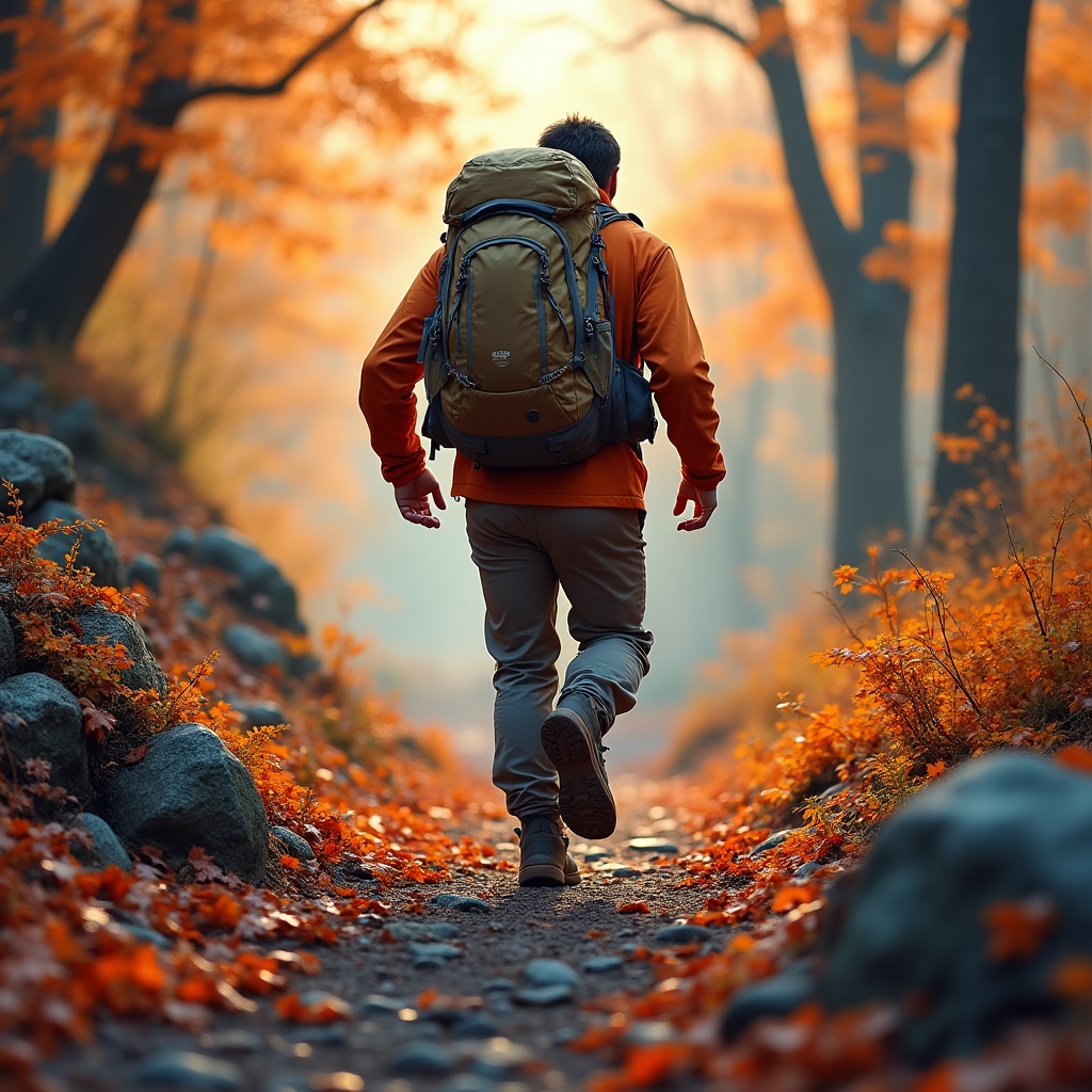 Hiker with a loaded backpack descending a rocky autumn trail
