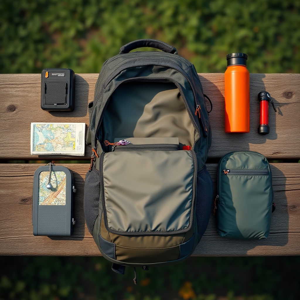Open daypack showing basic safety essentials laid out for a day hike