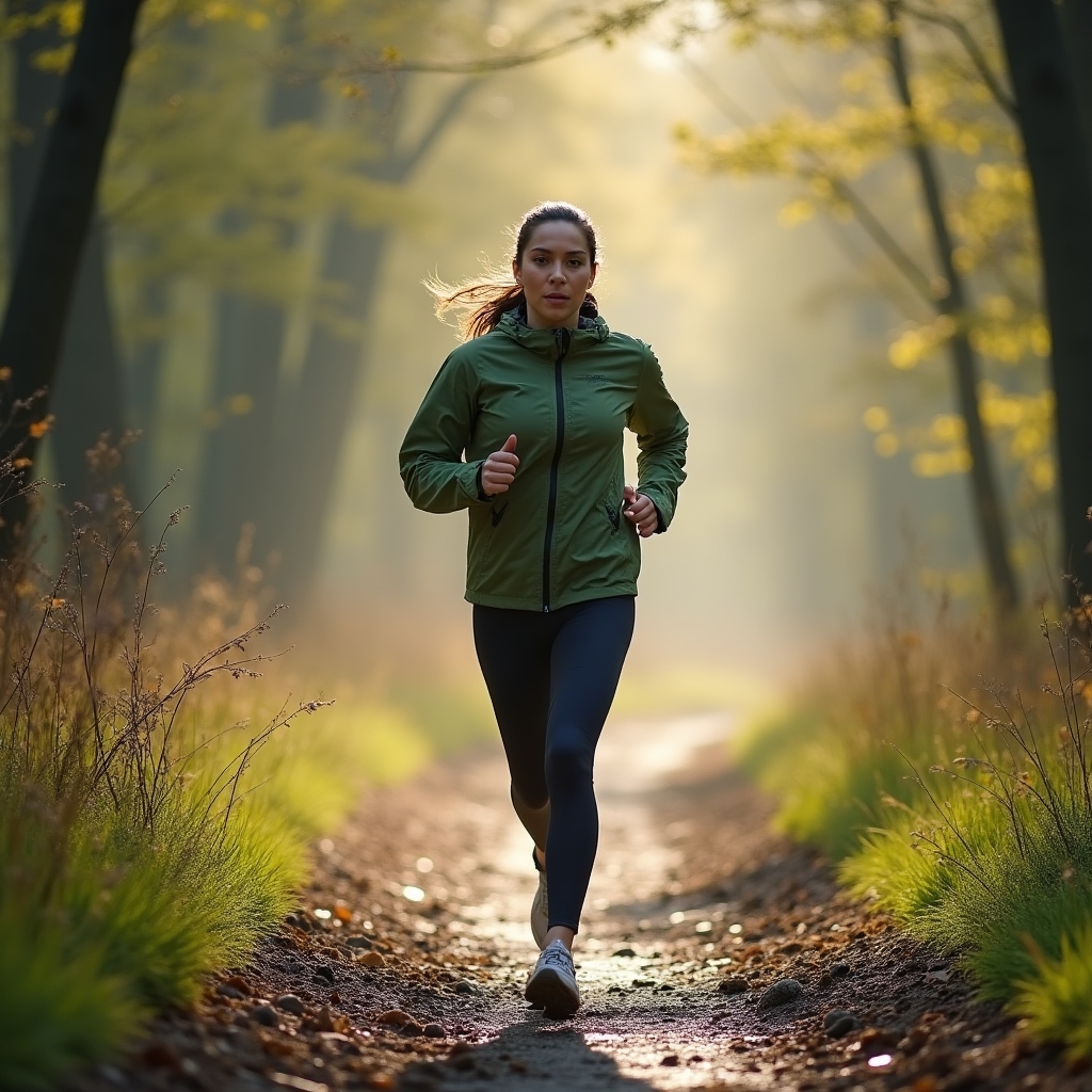 Trail runner moving along a public singletrack path through spring forest