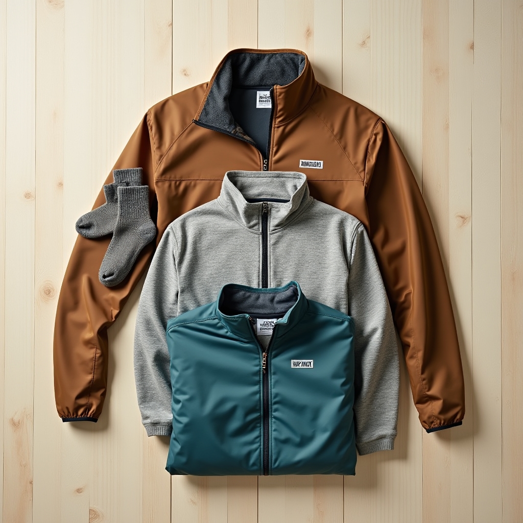 Layered outdoor clothing laid out to demonstrate base, mid, and shell layers