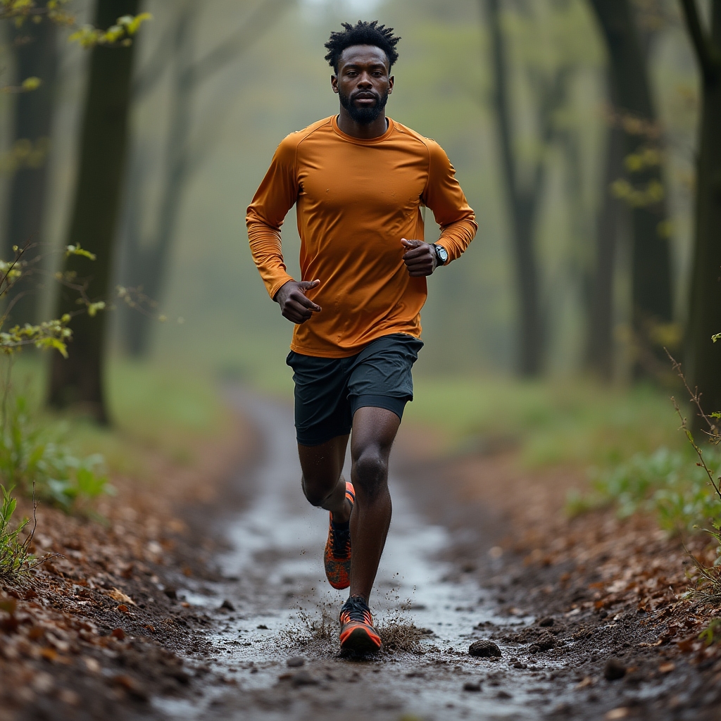 Runner navigating a muddy spring trail through the woods