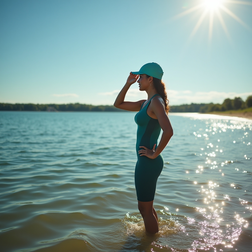 Open water swimmer entering a public lake from a sandy shoreline