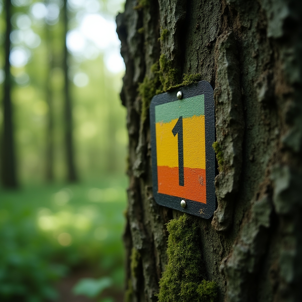 Close up view of a painted trail blaze marker on tree bark in a forest