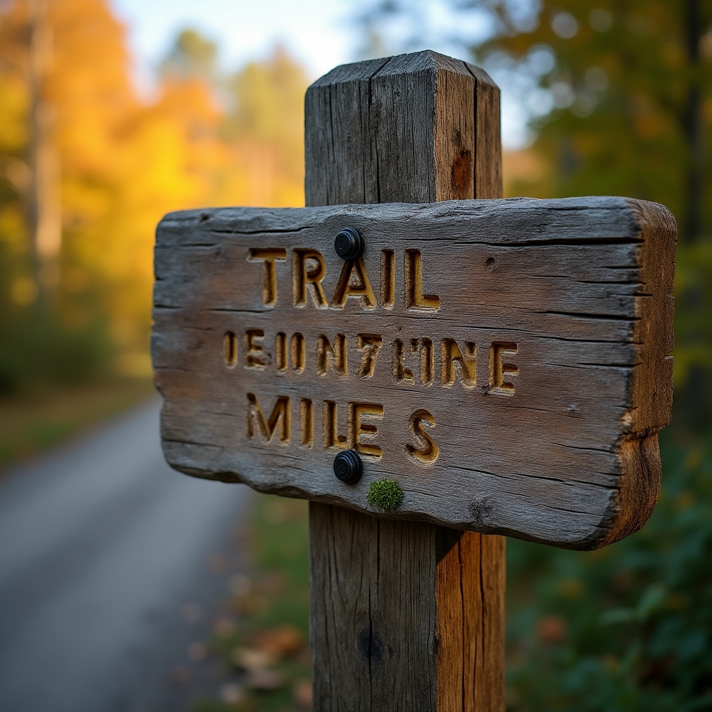 Close up of a wooden trailhead sign showing trail difficulty and distance markers