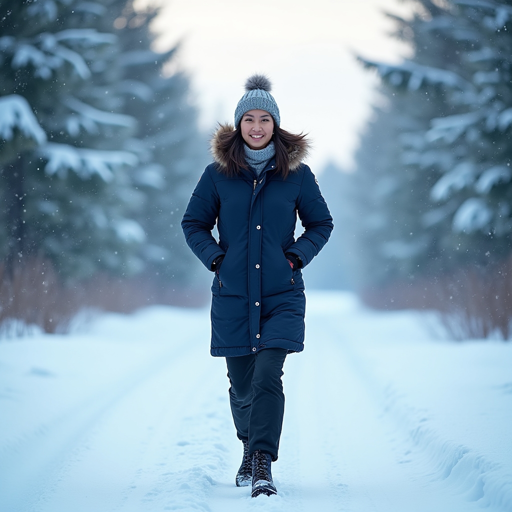 Walker in layered clothing on a packed snow trail in winter